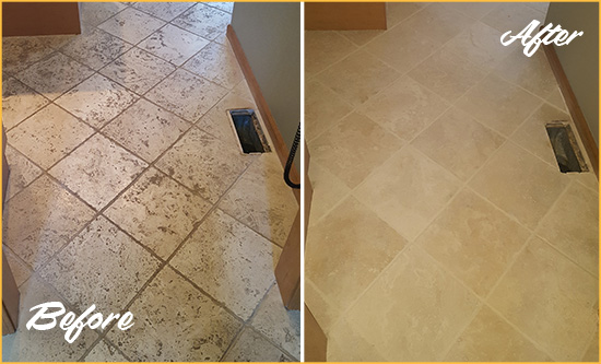 Before and After Picture of a Atlantis Kitchen Marble Floor Cleaned to Remove Embedded Dirt