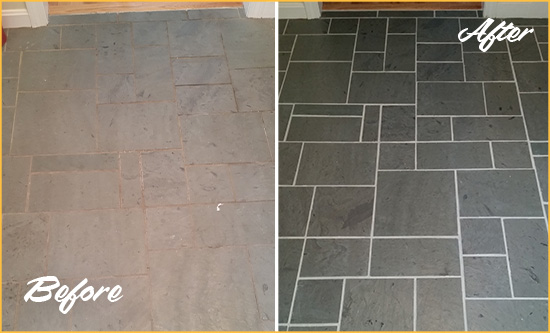 Before and After Picture of a Boynton Beach Slate Floor Cleaned to Remove Deep-Seated Dirt