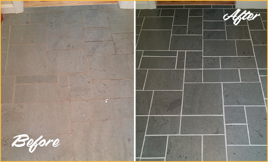 Before and After Picture of a Sewall's Point Slate Floor Cleaned to Remove Deep-Seated Dirt