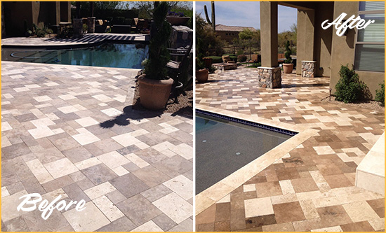 Before and After Picture of a Dull Ocean Breeze Travertine Pool Deck Cleaned to Recover Its Original Colors