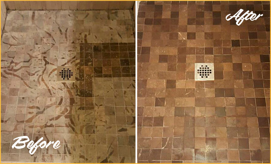 Before and After Picture of a Stained Haverhill Marble Shower Floor Cleaned to Remove Etching