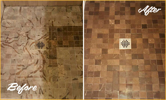 Before and After Picture of a Stained Sewall's Point Marble Shower Floor Cleaned to Remove Etching