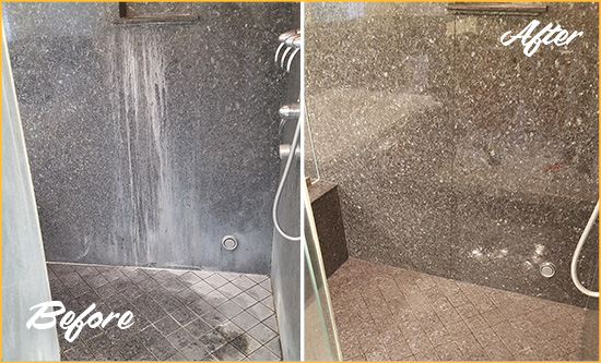 Before and After Picture of a Greenacres Granite Shower Cleaned to Remove Mineral Deposits