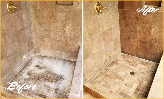 Before and After Picture of a Greenacres Travertine Shower Cleaned to Eliminate Water Spots