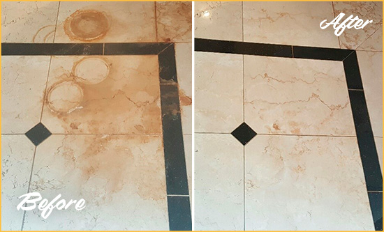 Before and After Picture of a Atlantis Marble Floor Cleaned to Eliminate Rust Stains
