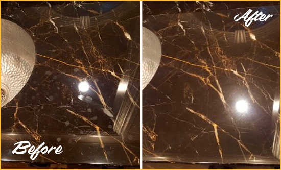 Before and After Picture of a Sewall's Point Marble Countertop Cleaned to Remove Water Spots