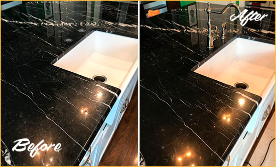 Before and After Picture of a Jupiter Marble Kitchen Countertop Stone Sealed to Avoid Water Damage
