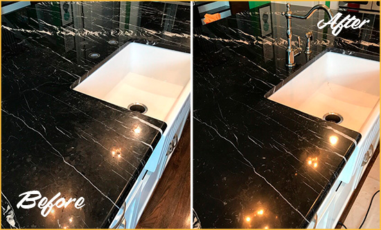 Before and After Picture of a Palm Springs Marble Kitchen Countertop Stone Sealed to Avoid Water Damage