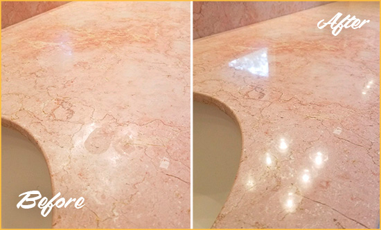 Before and After Picture of a Stuart Marble Stone Vanity Top Sealed to Avoid Water Marks