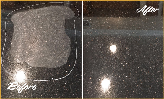 Before and After Picture of a Stuart Granite Kitchen Countertop Honed to Eliminate Scratch