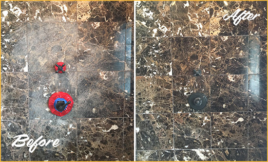 Before and After Picture of a Hypoluxo Marble Shower Honed to Remove Scratches