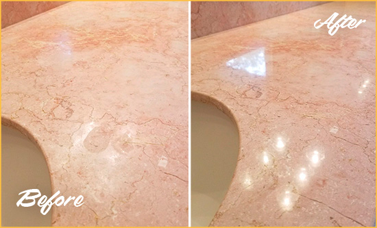 Before and After Picture of a Royal Palm Beach Marble Vanity Top Honed to Eliminate Water Spots