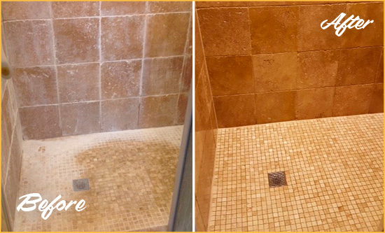 Before and After Picture of a Palm Beach Shores Travertine Shower Honed to Remove Mineral Deposits