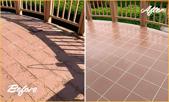 Before and After Picture of a Belle Glade Hard Surface Restoration Service on a Tiled Deck