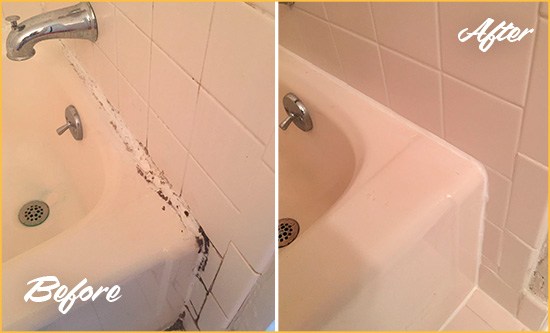 Before and After Picture of a Atlantis Hard Surface Restoration Service on a Tile Shower to Repair Damaged Caulking