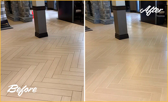 Before and After Picture of a Palm Beach Hard Surface Restoration Service on an Office Lobby Tile Floor to Remove Embedded Dirt