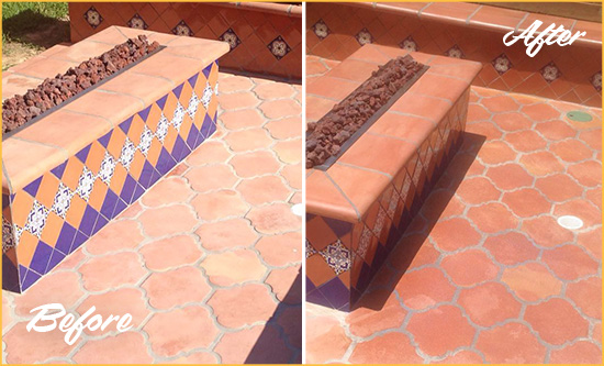 Before and After Picture of a Jupiter Island Hard Surface Restoration Service on a Dull Terracotta Patio Floor to Recover Its Color
