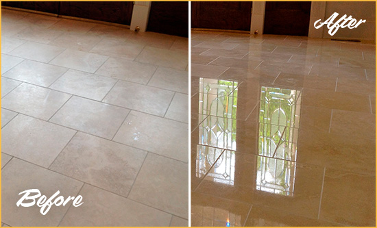 Before and After Picture of a Manalapan Hard Surface Restoration Service on a Dull Travertine Floor Polished to Recover Its Splendor