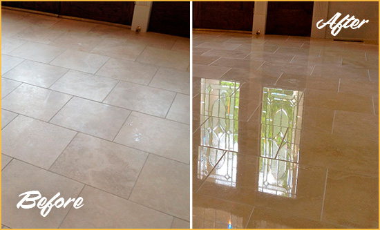 Before and After Picture of a Tequesta Hard Surface Restoration Service on a Dull Travertine Floor Polished to Recover Its Splendor