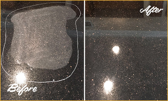 Before and After Picture of a Pahokee Hard Surface Restoration Service on a Granite Countertop to Remove Scratches