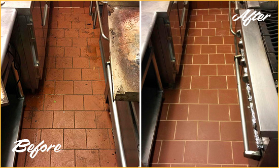 Before and After Picture of a Gulf Stream Hard Surface Restoration Service on a Restaurant Kitchen Floor to Eliminate Soil and Grease Build-Up