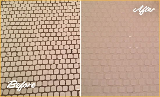 Before and After Picture of a Lake Clarke Shores Hard Surface Restoration Service on a Bathroom Tile Floor Recolored to Fix Grout Color