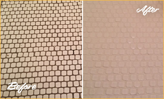 Before and After Picture of a Gulf Stream Hard Surface Restoration Service on a Bathroom Tile Floor Recolored to Fix Grout Color