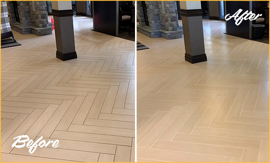 Before and After Picture of a Palm Beach Gardens Lobby Floor Cleaned to Even the Grout Color