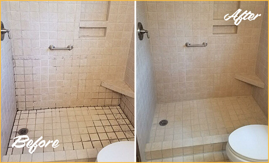 Before and After Picture of a Pahokee Shower Grout Cleaned to Remove Mold
