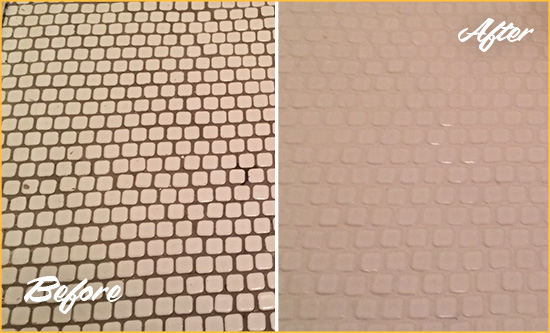 Before and After Picture of a Palm Beach Gardens Mosaic Tile floor Grout Cleaned to Remove Dirt
