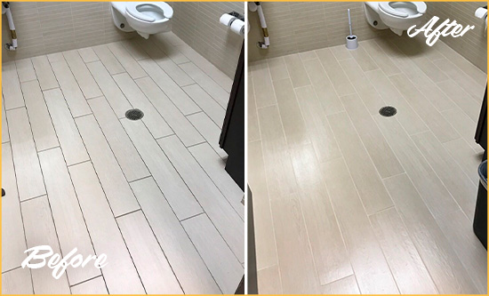Before and After Picture of a South Palm Beach Office Restroom's Grout Cleaned to Remove Dirt