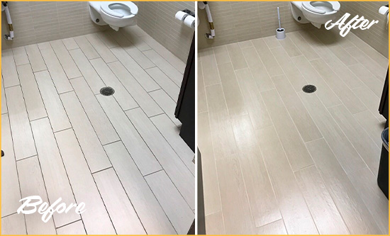 Before and After Picture of a Tequesta Office Restroom's Grout Cleaned to Remove Dirt