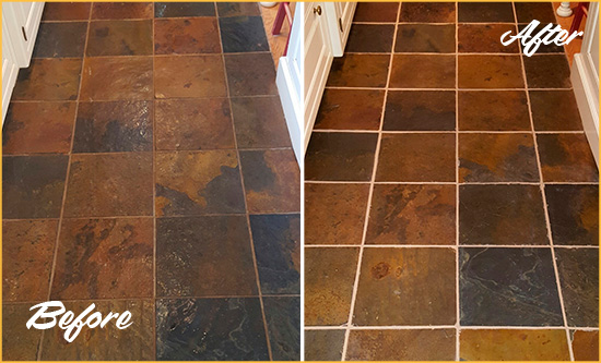 Before and After Picture of South Bay Slate Floor Grout Cleaned to Remove Dirt