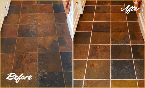 Before and After Picture of Palm Beach Gardens Slate Floor Grout Cleaned to Remove Dirt