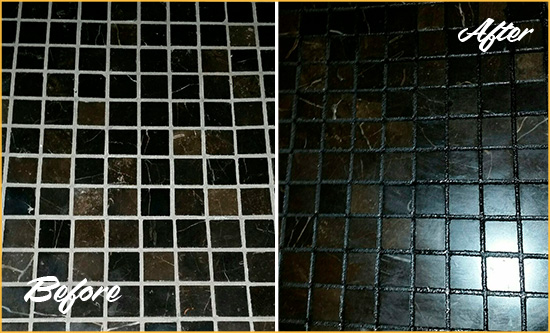 Before and After Picture of a Indiantown Black Floor with Recolored Grout