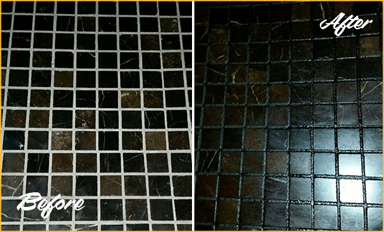 Before and After Picture of a Manalapan Black Floor with Recolored Grout