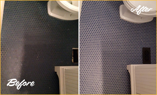 Before and After Picture of a Singer Island Blue Tile Floor Recolored Grout