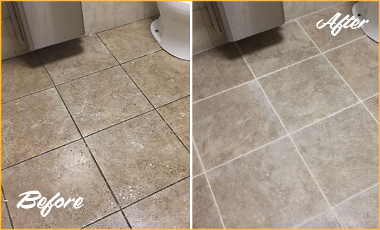 Before and After Picture of a South Palm Beach Office Restroom Floor Recolored Grout