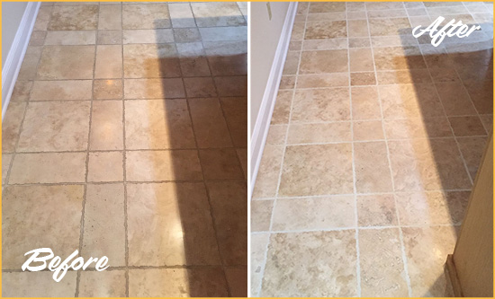 Before and After Picture of a Glen Ridge Travertine Kitchen Floor Recolored Grout