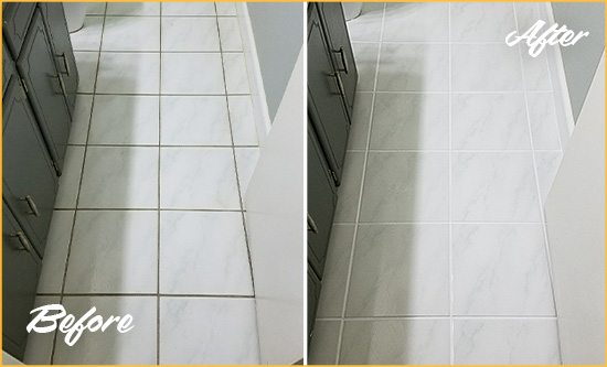 Before and After Picture of a Tequesta White Ceramic Tile with Recolored Grout