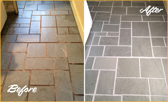 Before and After Picture of Damaged Stuart Slate Floor with Sealed Grout