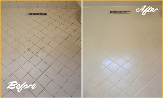 Before and After Picture of a Westlake White Bathroom Floor Grout Sealed for Extra Protection