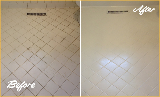 Before and After Picture of a Stuart White Bathroom Floor Grout Sealed for Extra Protection