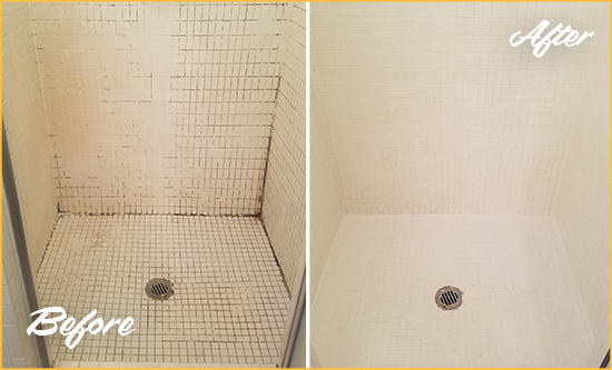 Before and After Picture of a Royal Palm Beach Bathroom Grout Sealed to Remove Mold
