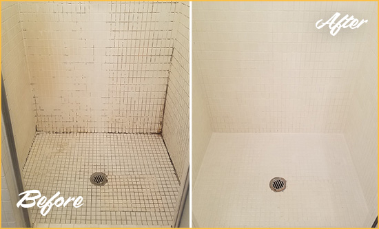 Before and After Picture of a Palm Springs Bathroom Grout Sealed to Remove Mold