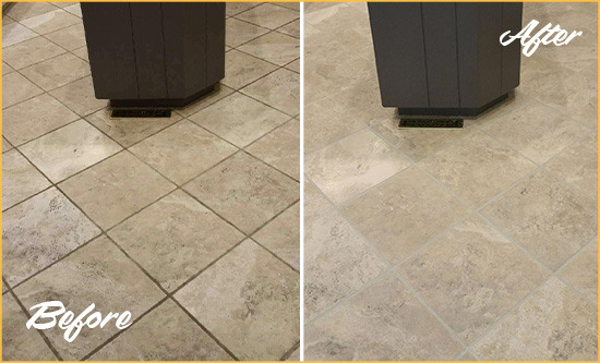 Before and After Picture of a Gulf Stream Kitchen Floor Grout Sealed to Remove Stains