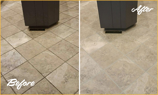 Before and After Picture of a Stuart Kitchen Floor Grout Sealed to Remove Stains