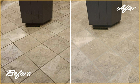 Before and After Picture of a South Palm Beach Kitchen Floor Grout Sealed to Remove Stains