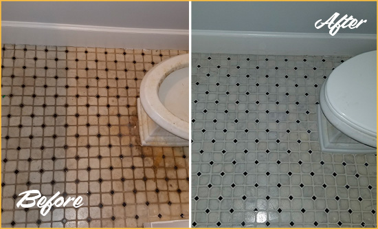 Before and After Picture of a River Park Bathroom Floor Cleaned to Remove Embedded Dirt
