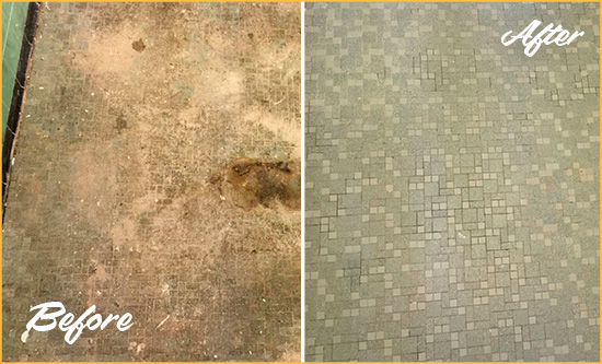 Before and After Picture of a Lantana Mosaic Shower Cleaned to Eliminate Embedded Dirt